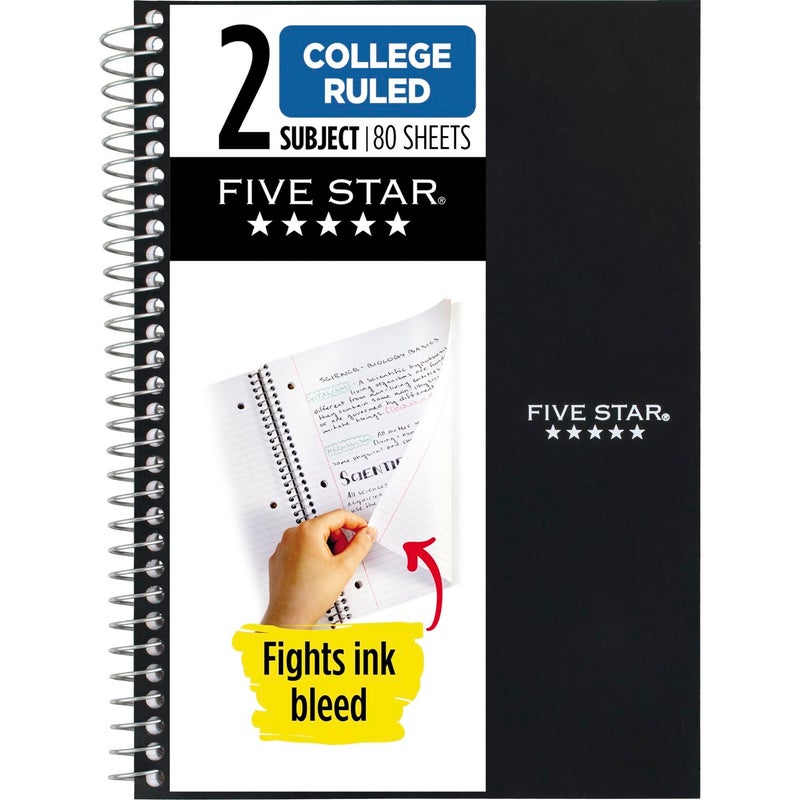 Five Star Spiral Notebook, 2 Subject, College Ruled, 9 1/2"" x 6"" 80 Sheets, Black (840029AA2-ECM) - Image 1